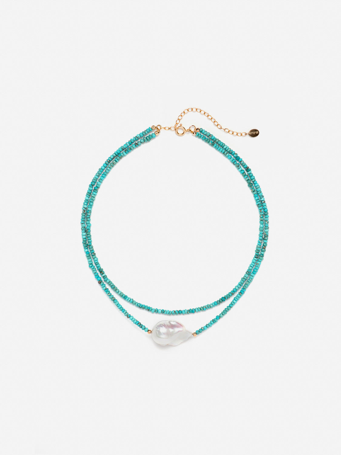 monái baroque pearl and Arizona turquoise necklace laid flat – handcrafted 14K gold-filled chain featuring luminous baroque pearls and hand-cut Arizona turquoise gemstones, 14-inch length with 3-inch extender