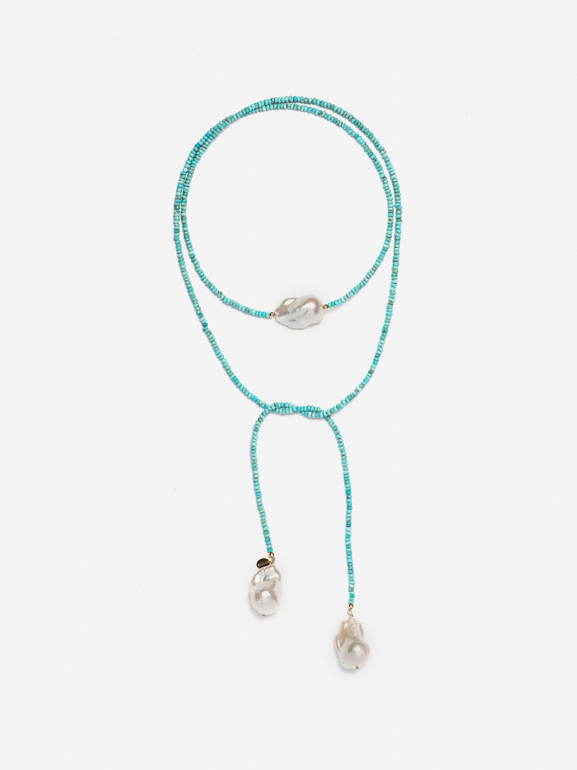 monái baroque pearl and turquoise necklace styled in a folded, scarf-like wrap – showcasing the artistic freedom to shape jewelry uniquely each time