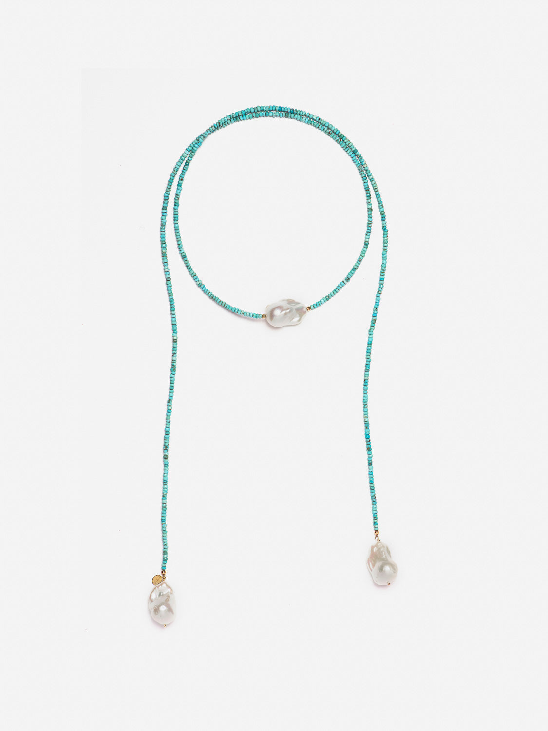 full view of 46-inch baroque pearl and turquoise necklace in asymmetric design – handmade luxury statement piece by monái