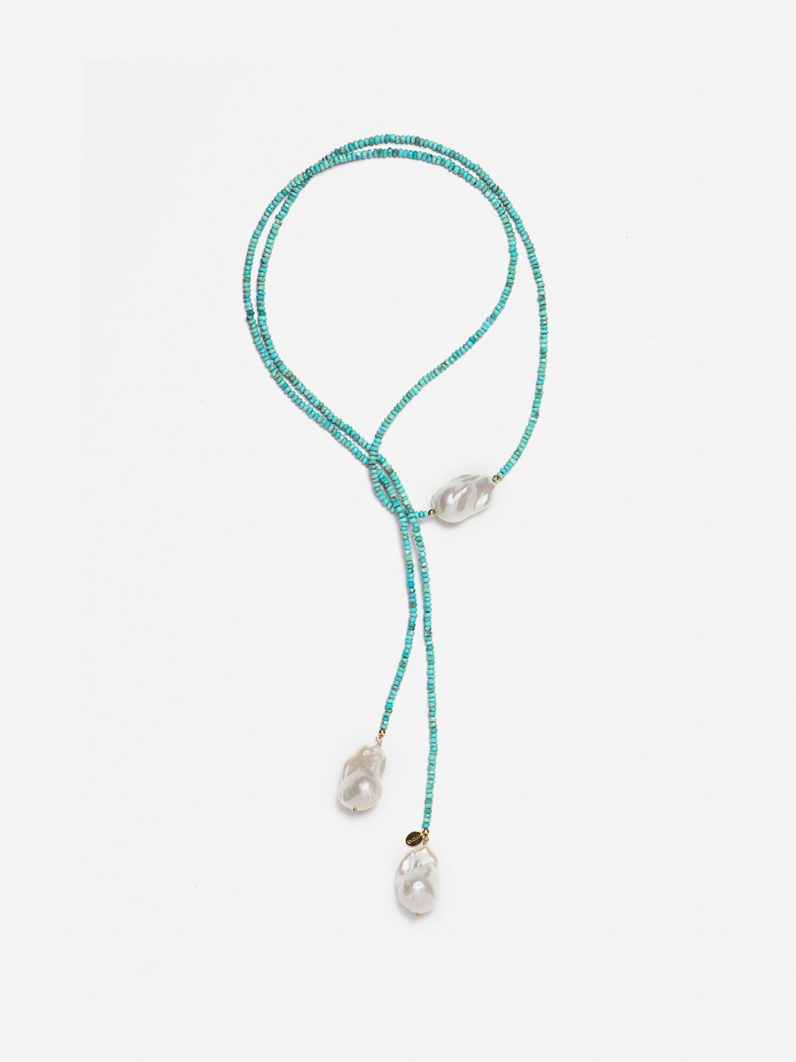 long handcrafted necklace featuring baroque pearls and rare Arizona turquoise, designed in 14K gold-filled chain – monái jewelry