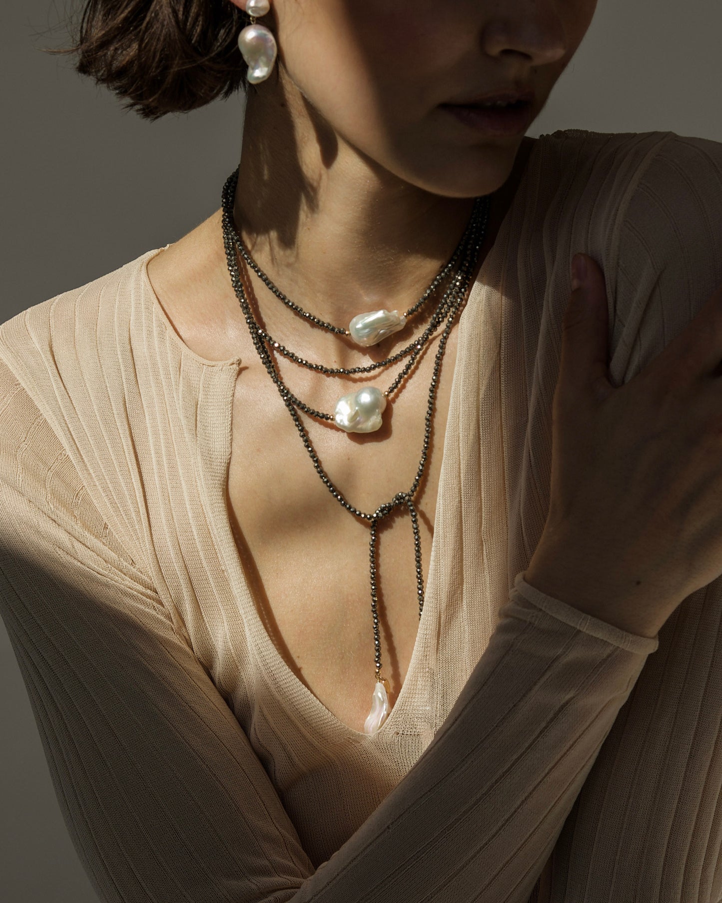 monái baroque pearl pyrite necklace paired with matching long baroque pearl pyrite necklace – coordinated ensemble showcasing handcrafted luxury and natural gemstones