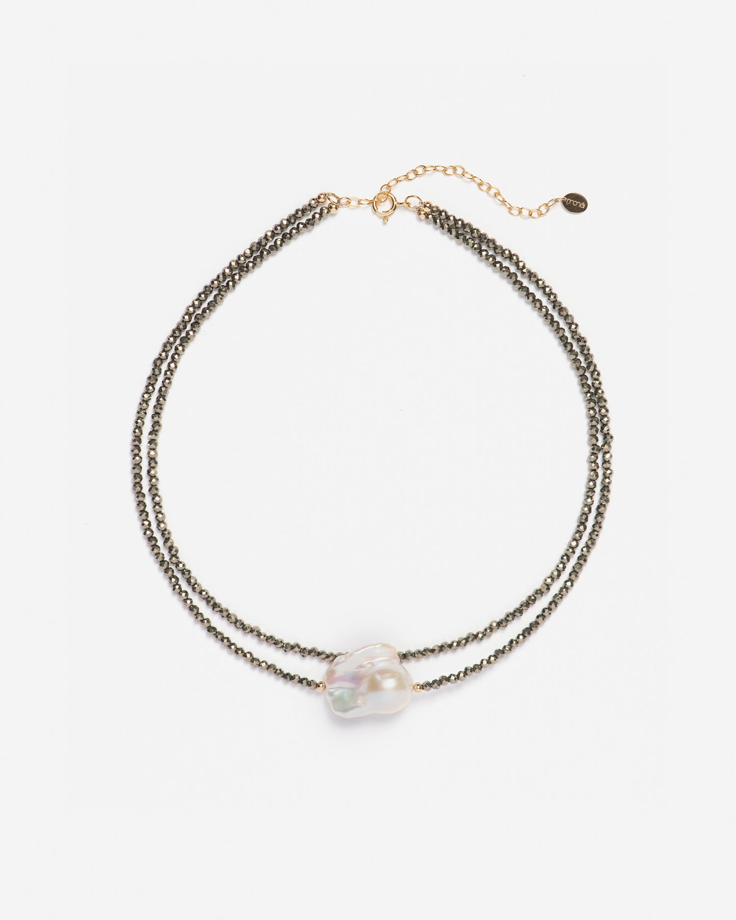 monái baroque pearl pyrite necklace laid flat – handcrafted design featuring luminous baroque pearls, faceted pyrite gemstones, and 14K gold-filled hardware