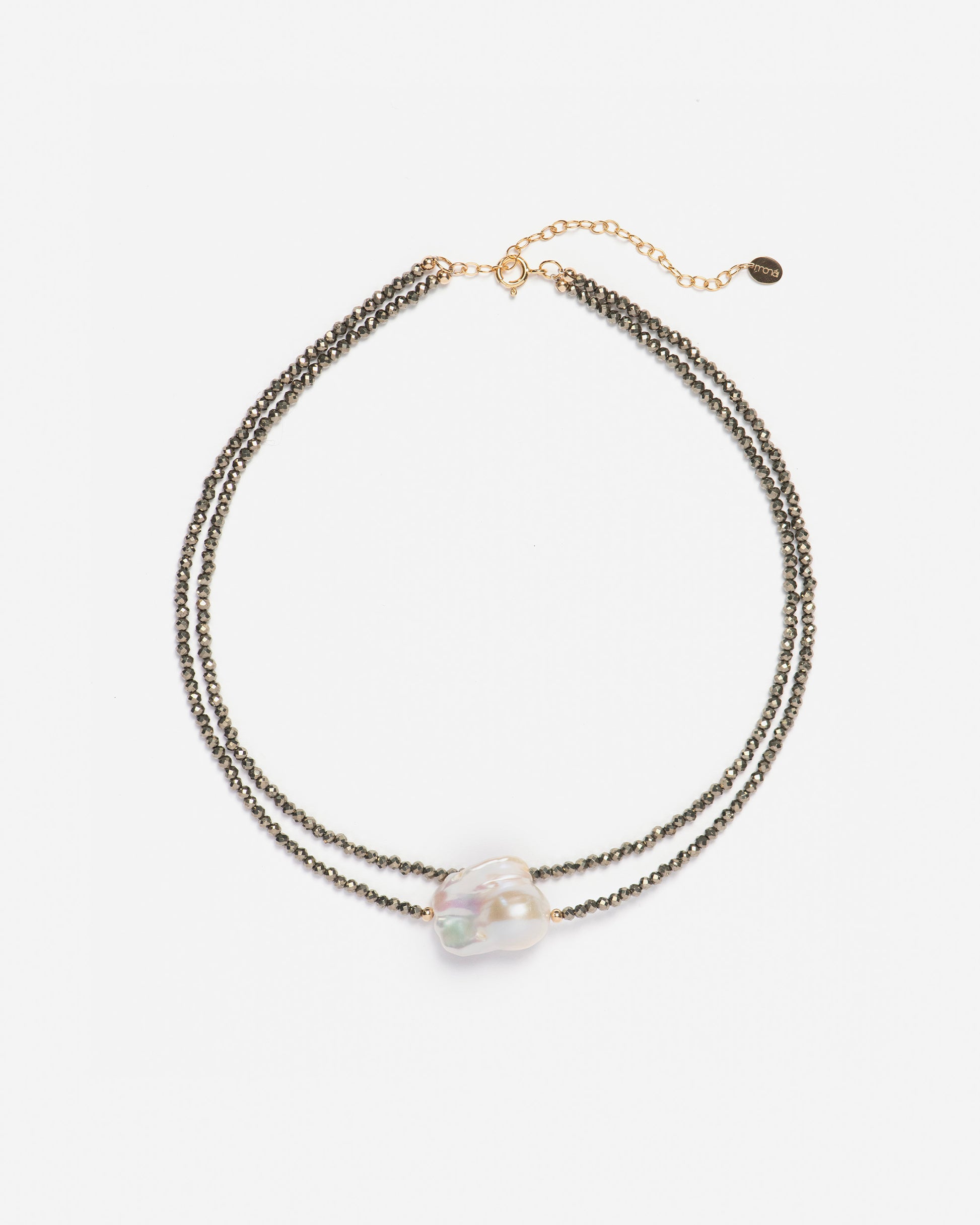 monái baroque pearl pyrite necklace laid flat – handcrafted design featuring luminous baroque pearls, faceted pyrite gemstones, and 14K gold-filled hardware