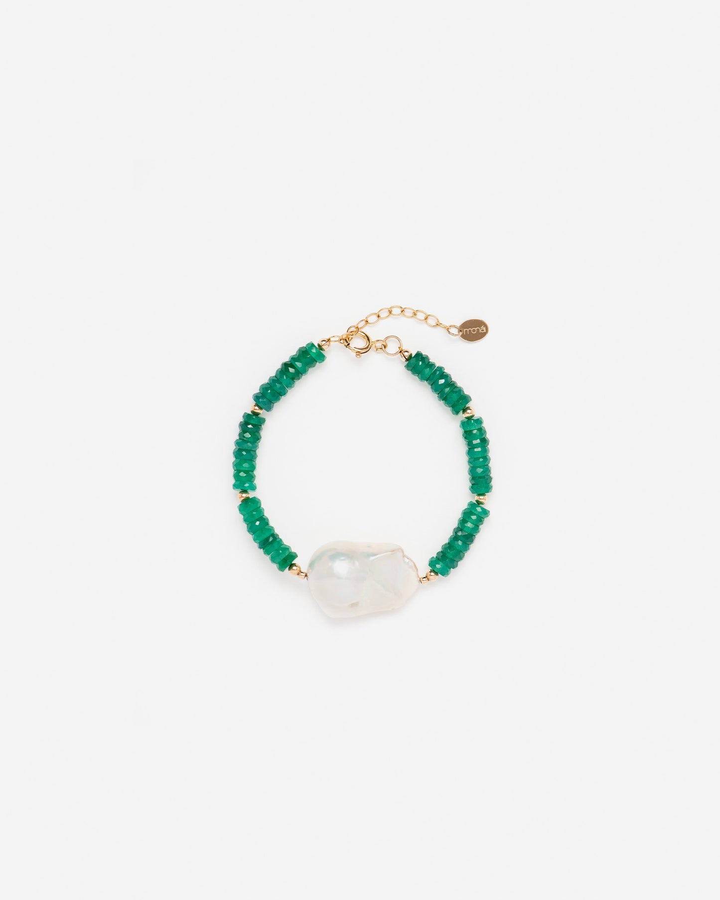 green onyx accent pearl bracelet by monái – handcrafted luxury with bold green stones and uniquely shaped baroque pearls