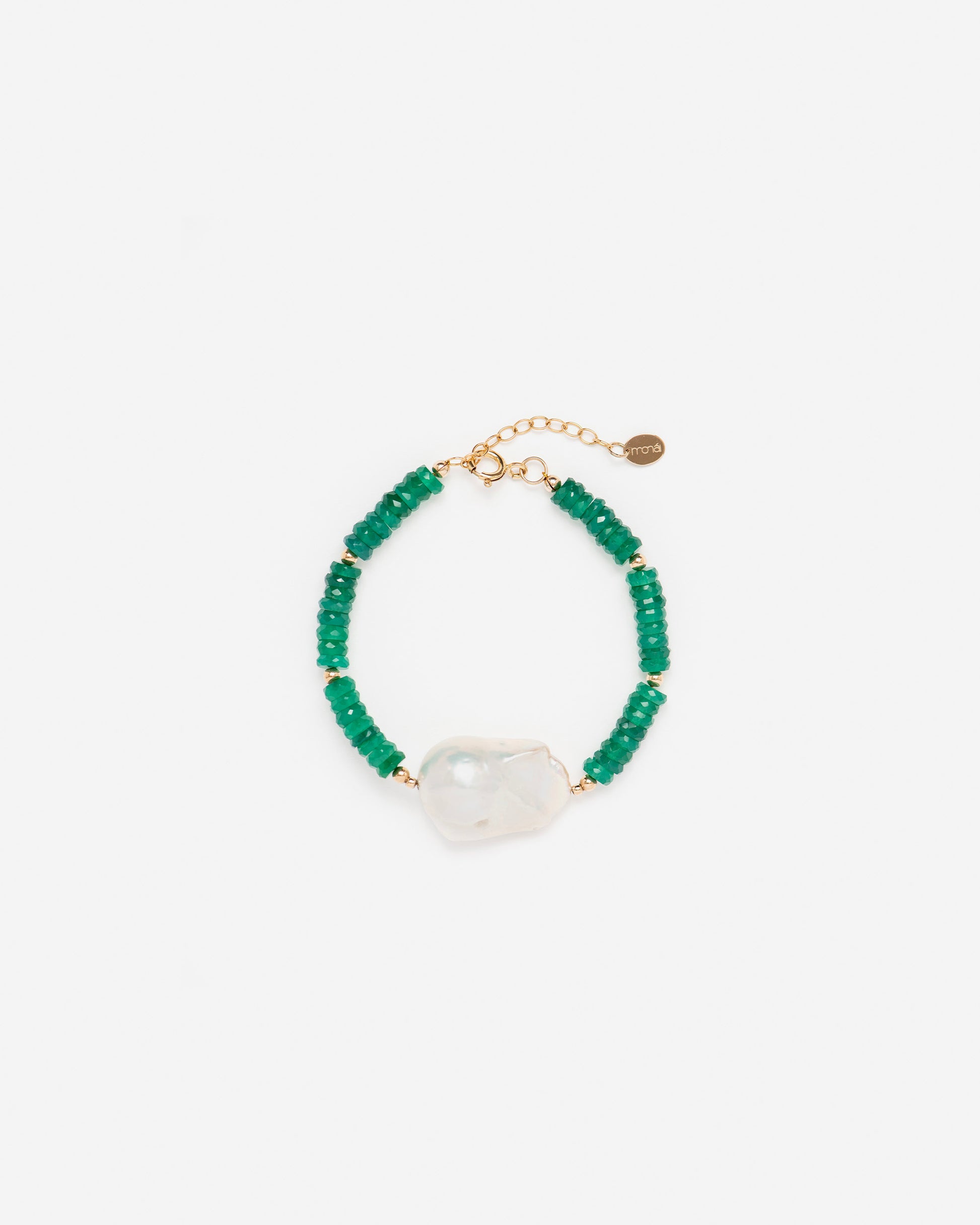 green onyx accent pearl bracelet by monái – handcrafted luxury with bold green stones and uniquely shaped baroque pearls