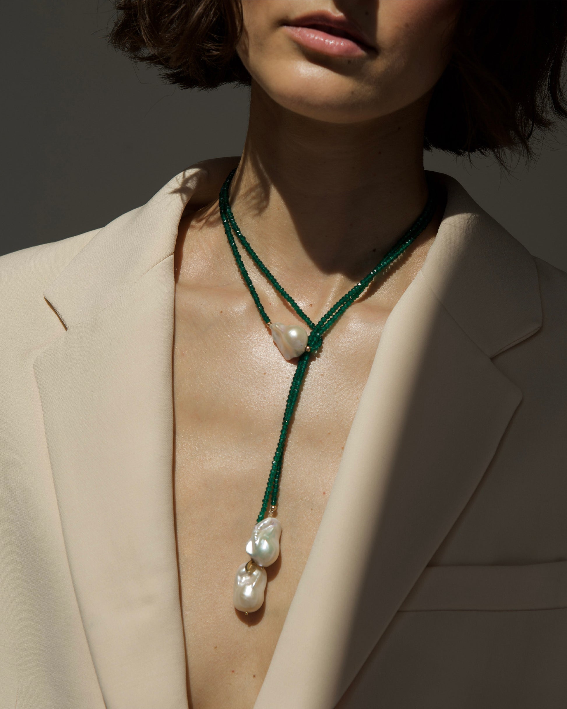 long baroque pearl and green onyx necklace by monái – bold, sculptural elegance handcrafted in gold-filled chain