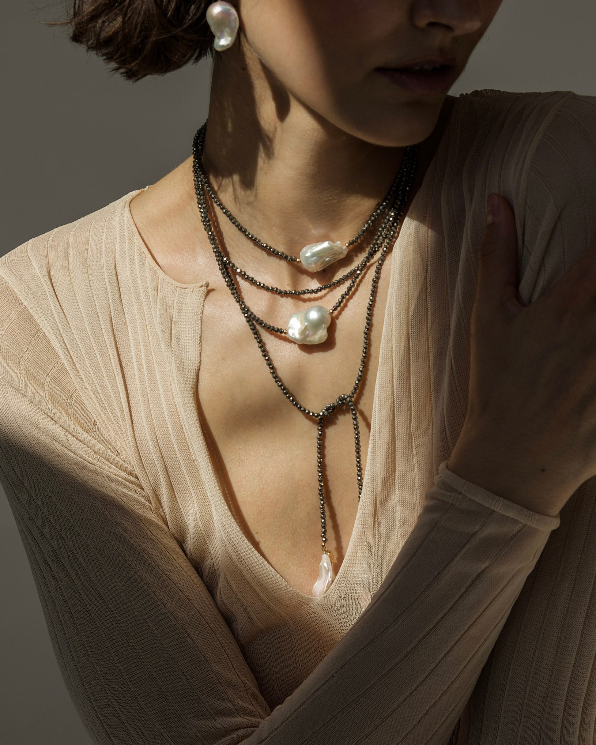monái long baroque pearl pyrite necklace paired with matching baroque pearl pyrite necklace – coordinated ensemble showcasing handcrafted luxury and natural gemstones