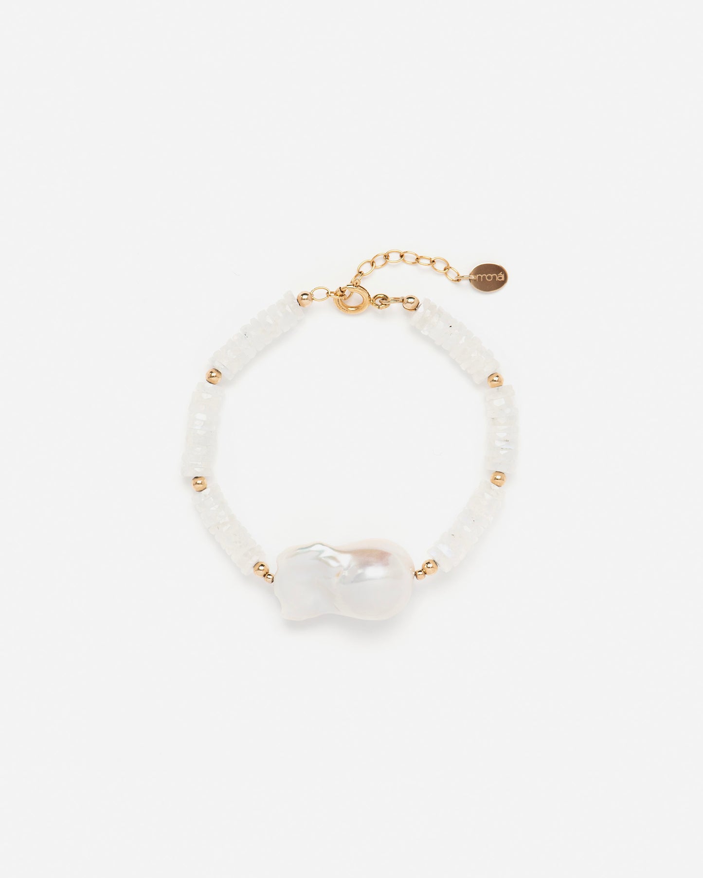 monái rainbow moonstone accent pearl bracelet laid flat – handcrafted design featuring luminous baroque pearls, milky rainbow moonstones, and 14K gold-filled hardware