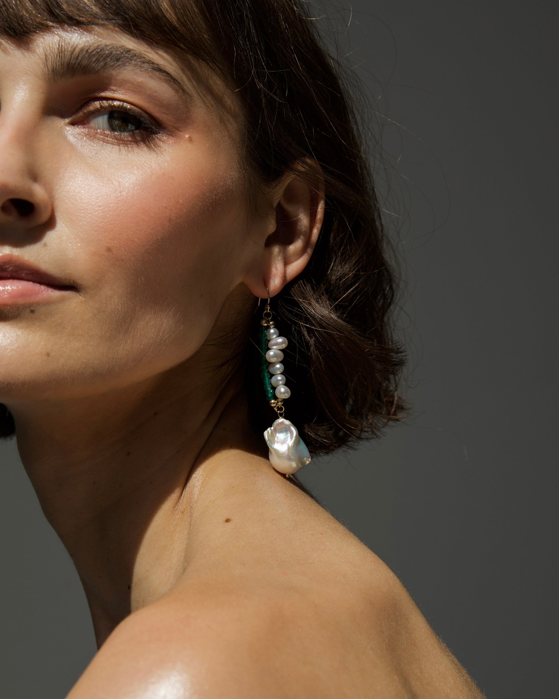 Baroque Pearl Green Onyx Earrings
