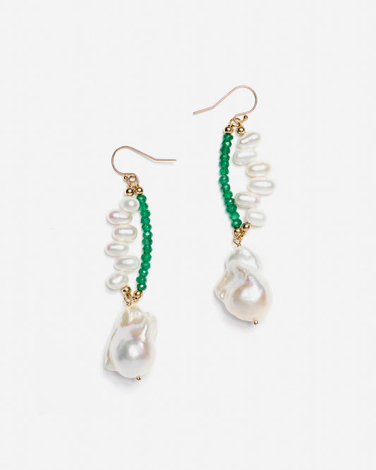 baroque pearl green onyx earrings by monái laid flat on white – handcrafted drop design in 14K gold-filled finish